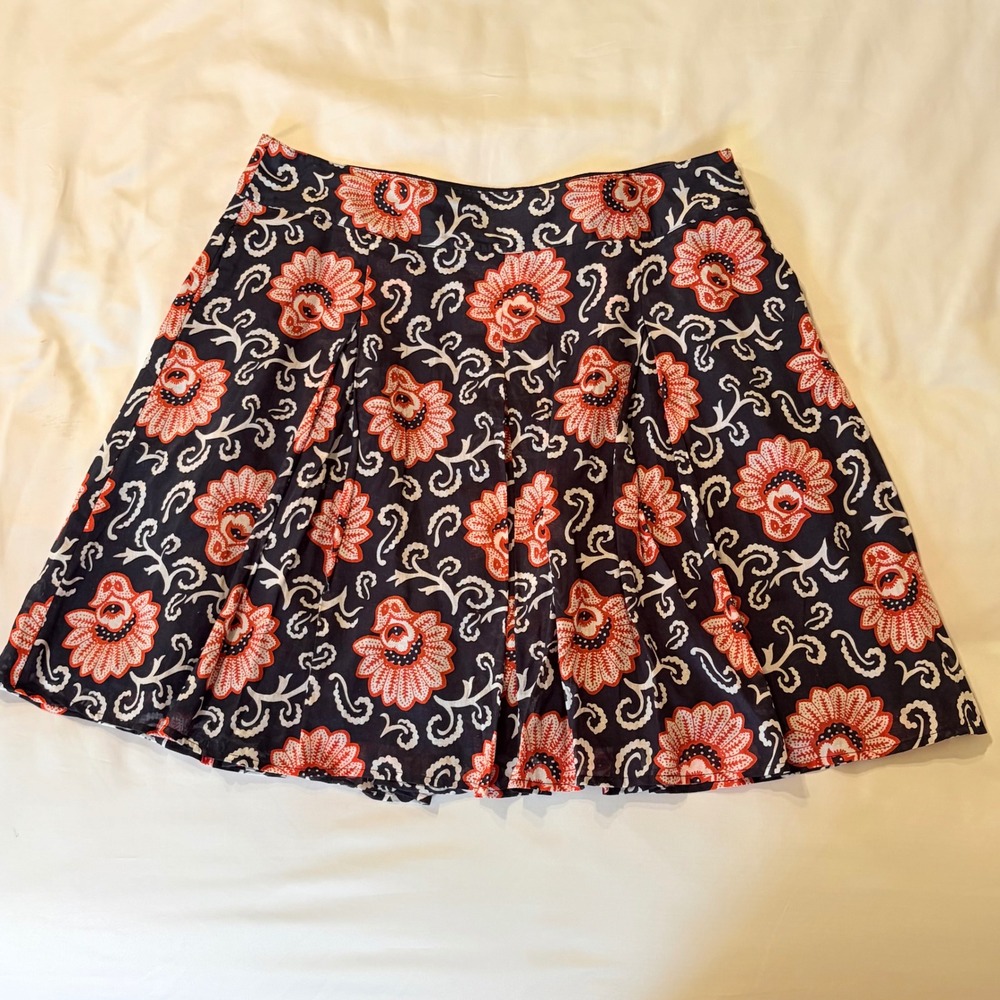 Talbots Navy Orange Floral Block Print Pleated A-Line Skirt with Pocket Size 12